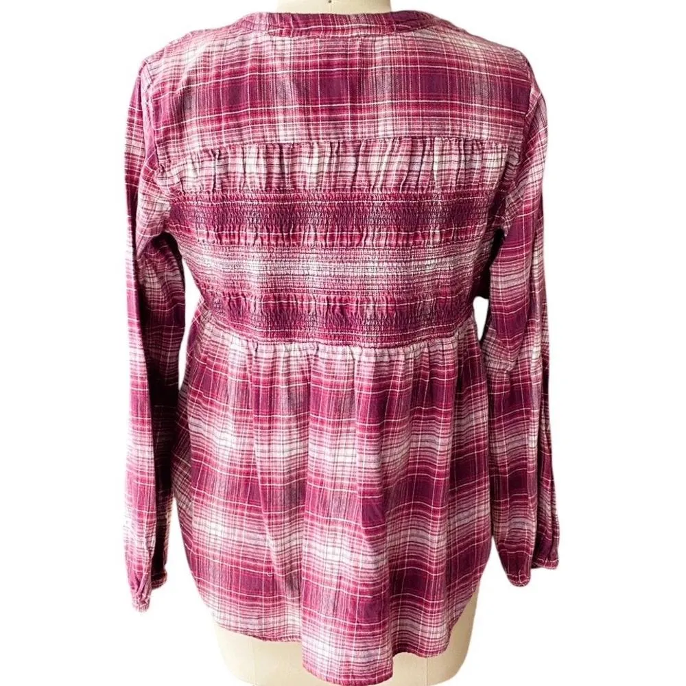 KNOX ROSE Boho Burgundy Plaid Babydoll Smocked Flannel Shirt Top ~ Women's LARGE - Image 4