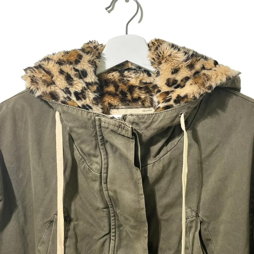 Zara Olive Green Faux Leopard Fur Removable Lining Hooded Winter Parka Coat S - Image 2