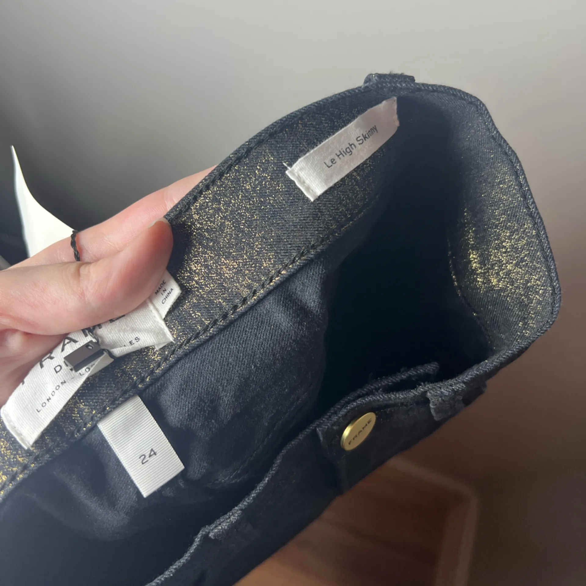 Frame Le High Skinny Metallic Old Gold High Rise Glitter Festive Party Size 24 - Image 6