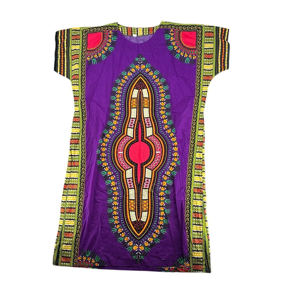 Purple Dashiki Maxi Dress Traditional African Tunic Vibrant Print Cotton NWT Size L - Image 2