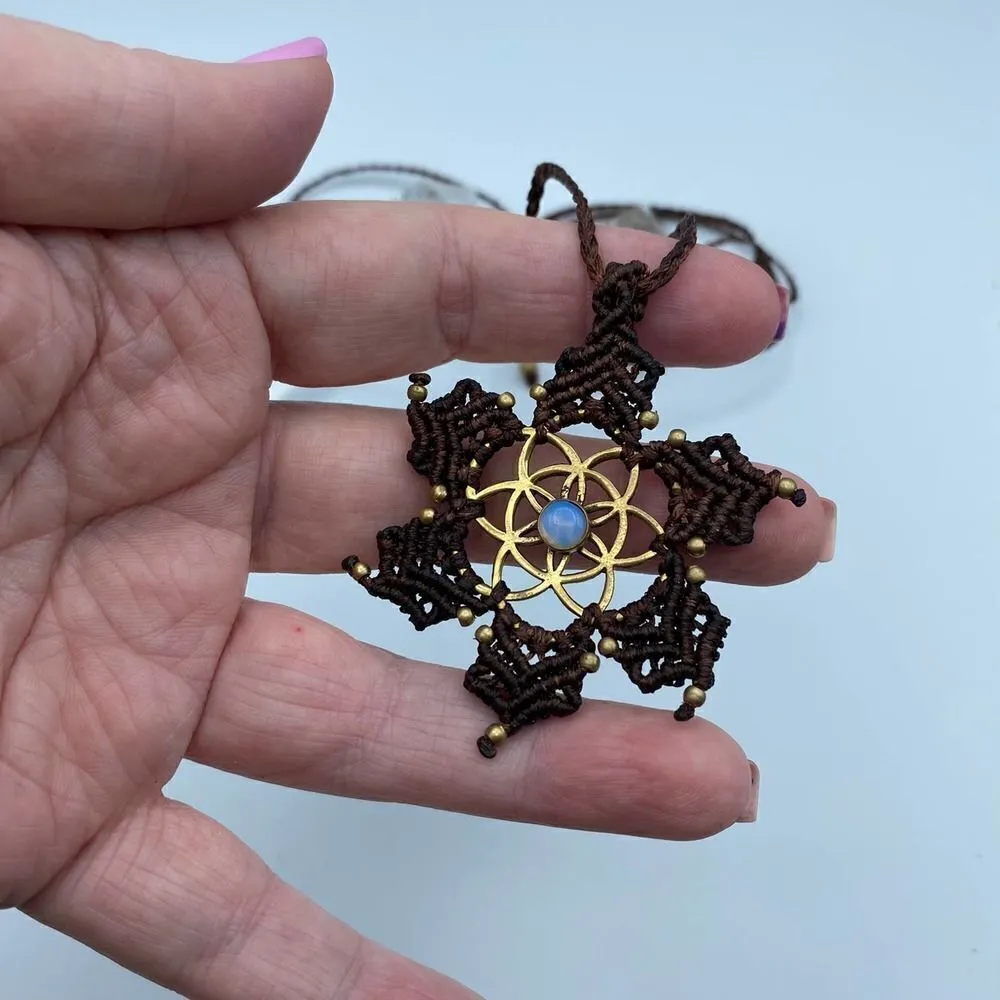 Handmade Sacred Macrame Mandala Brass MANDALA Pendant Bohemian Thread Necklace Brown - Image 3