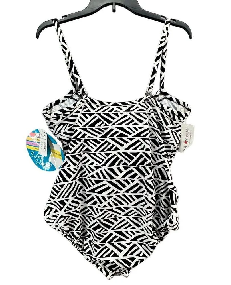 Swim Solutions Swimsuit Womens 20 Black White Ruched Underwire Tummy Control Size undefined - Image 3