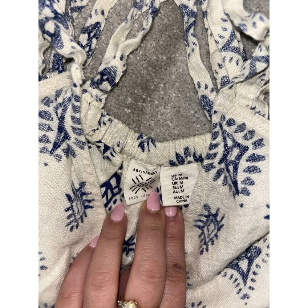 artisan NY linen‎ dress white blue pattern medium Cross Cross Design Back - Image 5