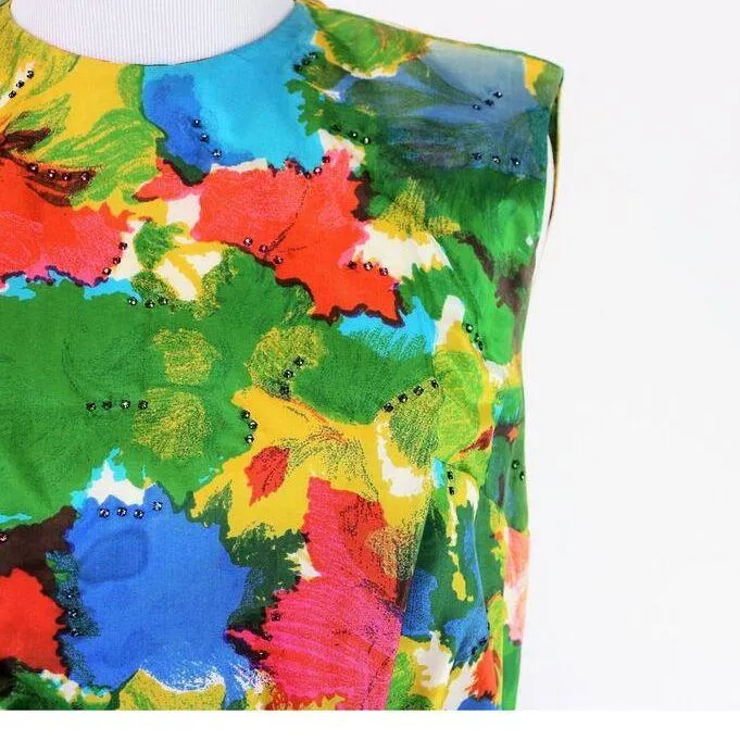 Vintage 1960s Primary Colored Floral Silk Dress Mardi Gras New York Small - Image 7