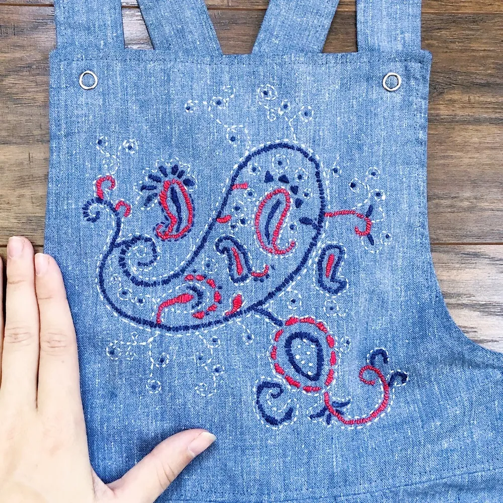 vintage • 1970s chambray jumper dress pinafore embroidered denim paisley western Size XS - Image 6