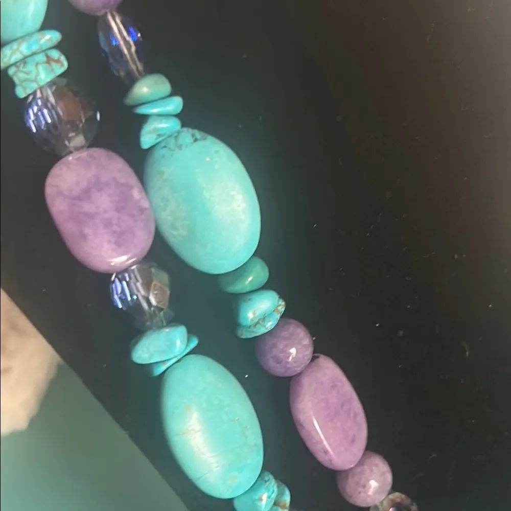 Artisan Double Layer Chunky Turquoise and Amethyst Dyed Stone Bead Necklace Blue - Image 3
