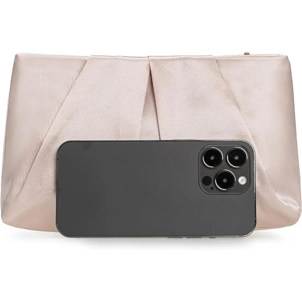 ⚡ Women's Blush Pink Formal Pleated Satin Fabric Zipper Closure Clutch Bag - Image 6