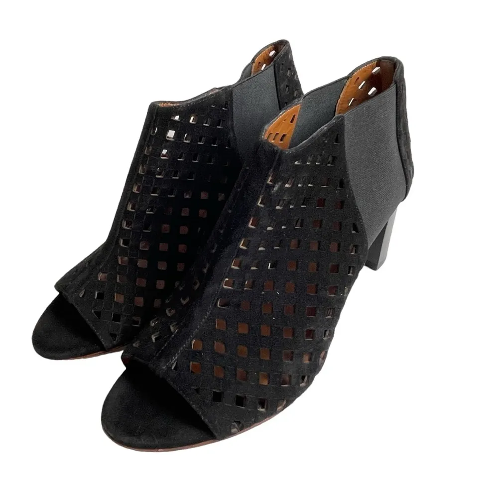 Aquatalia Shari Perforated Open Toe Suede Boots Size 10 Black Block Heel - Image 2