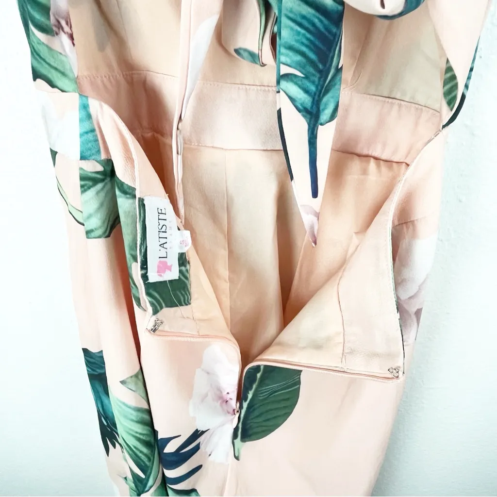 L’ATISTE Floral Open Back Tie Wide Legs Spaghetti Straps Jumpsuit Tropical Small - Image 10