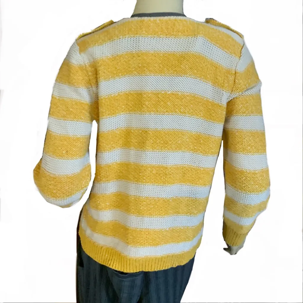 LOFT MUSTARD YELLOW, BEIGE & GRAY STRIPED COTTON CARDIGAN SWEATER (M) - Image 2