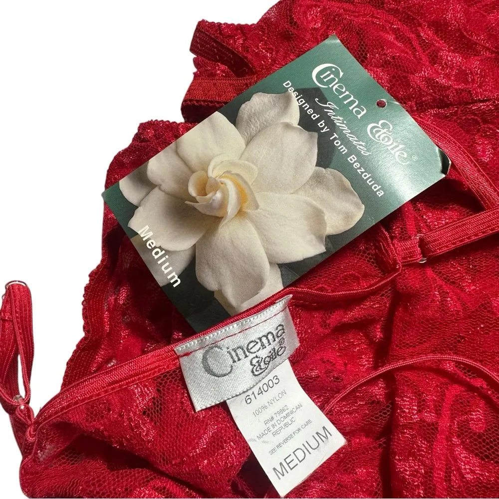 Vintage 90s Cinema Etoile Red Lingerie Floral Mesh Sleep Set Pjs Medium - Image 5