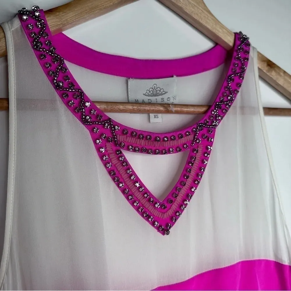 Madison Marcus NEW Neiman Marcus Hot Pink Silk Rhinestone Mini Blouson Dress XS - Image 4