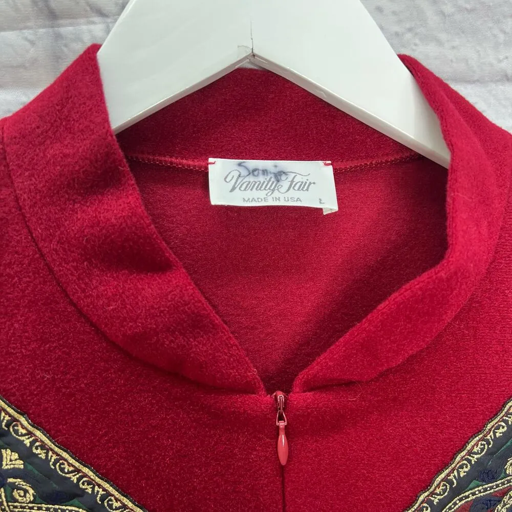 Vintage Vanity Fair Velour Robe Red Size L Zip Blue/Gold Metallic Trim Housecoat - Image 3