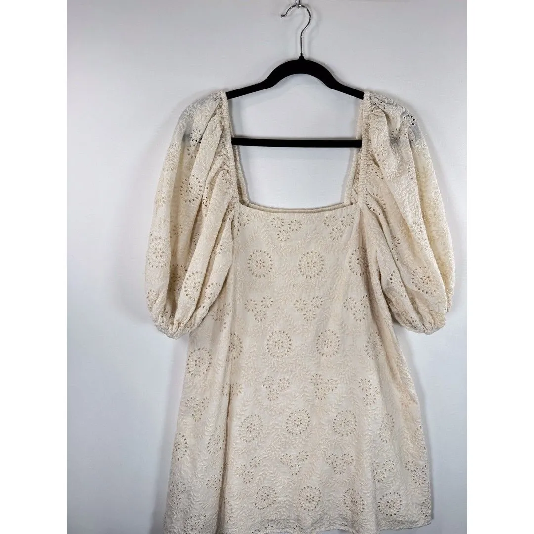 Jen's Pirate Booty Womens Dress Beige Mini Eyelet Puffed Babydoll A Line Small - Image 6