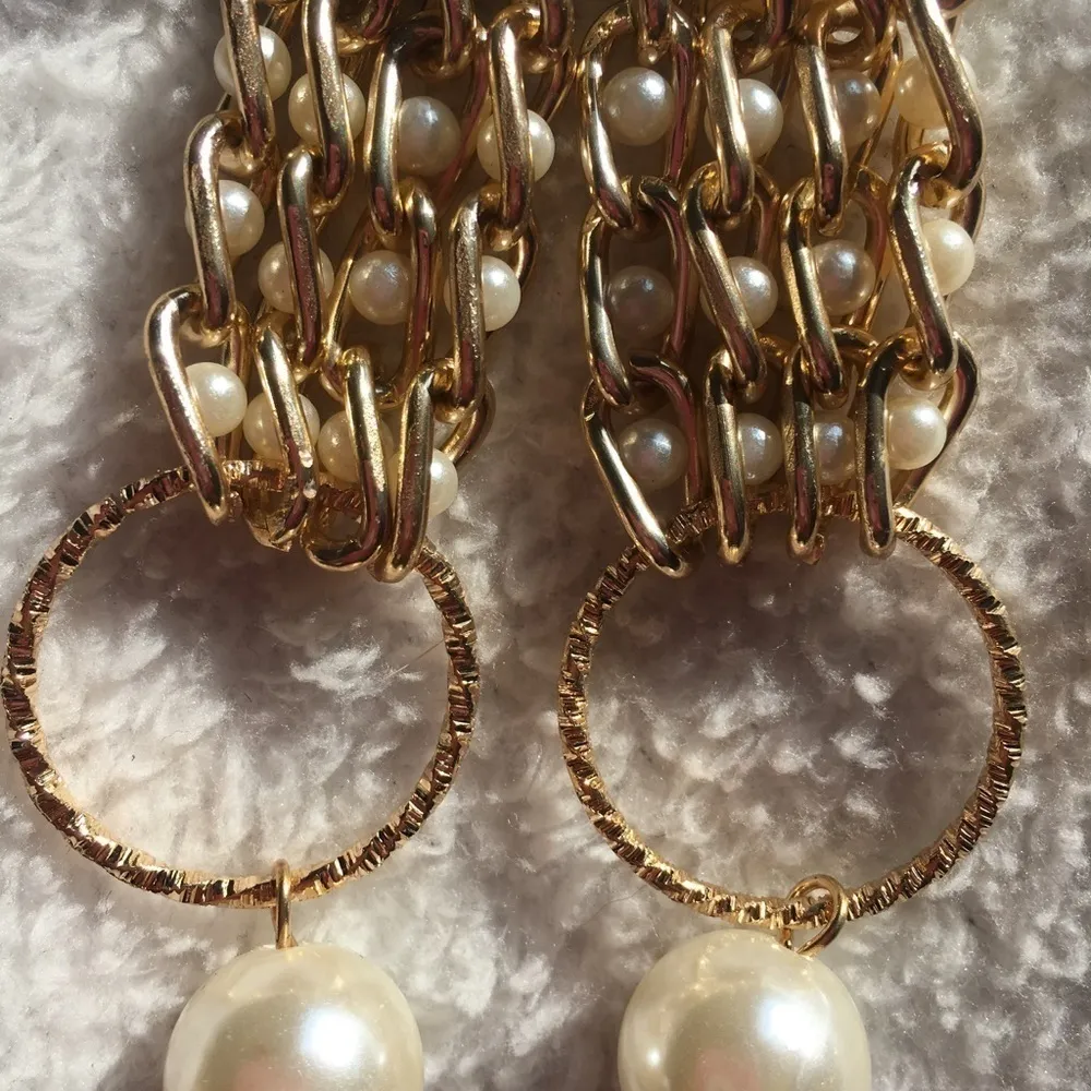 gold tone hoop & pearl long drop earrings - Image 2