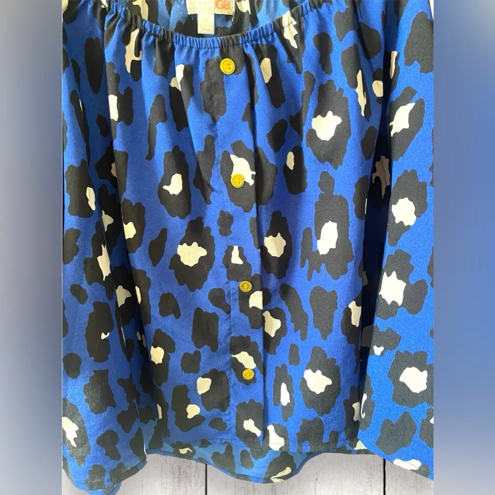 Womens Medium Gianni Bini GB Blue Strap/Cold Shoulder Flowy Blouse Top Leopard - Image 4
