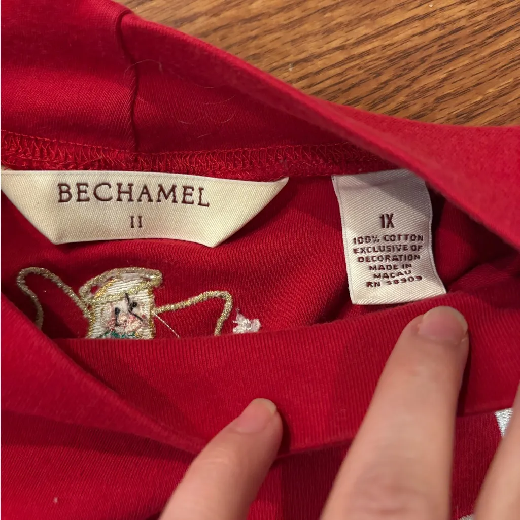 Vtg Bechamel Christmas Mock Neck Cotton Top/Shirt with Angels & Trees Appliqué Green Size 1X - Image 3