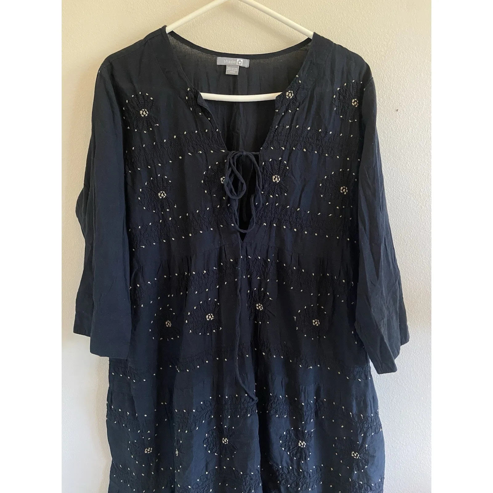 Shade Amour Black Embroidered Floral Vneck Tie‎ Front Cotton Dress Boho Large - Image 2