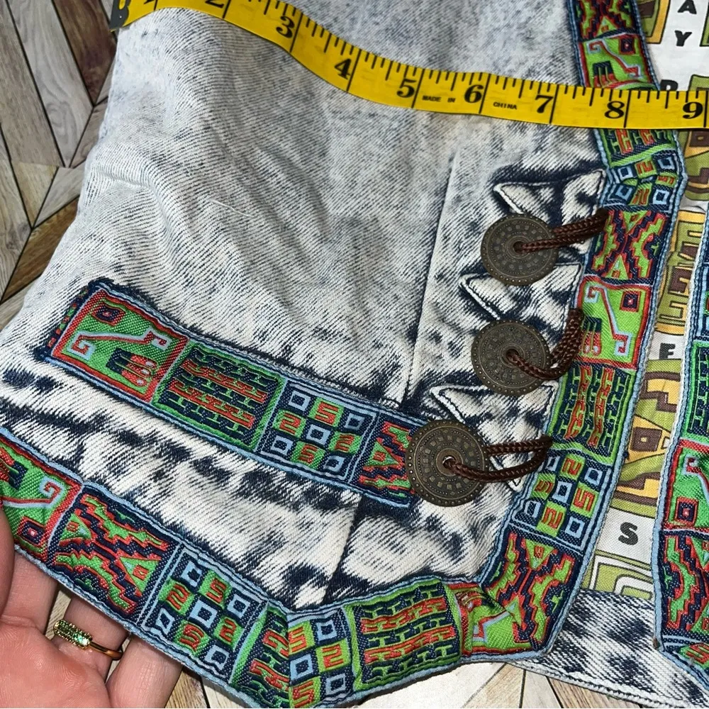 Vintage‎ Acid Wash Native Denim Vest Waistcoat Unique Artsy Eclectic 80s Medium - Image 11