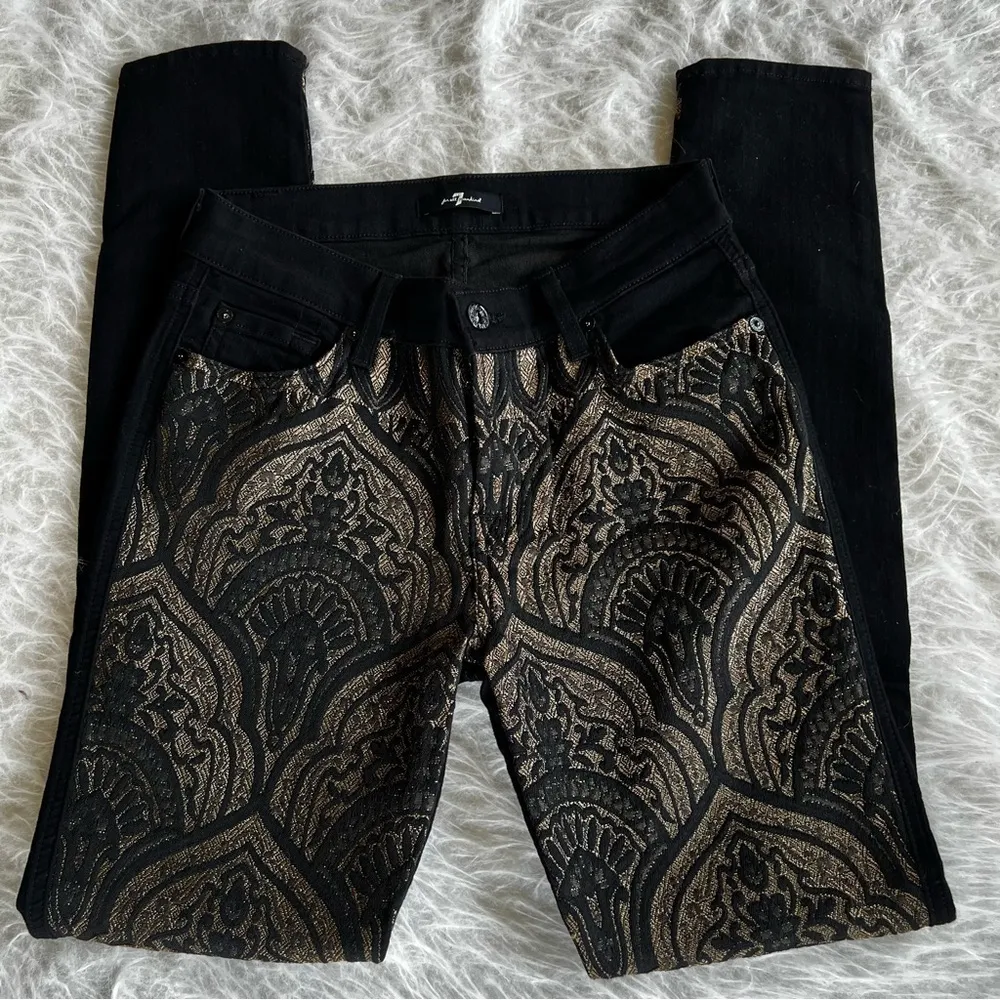 7 for All Mankind Jeans Nouveau Black Gold Metallic Brocade Skinny 26 Party Chic - Image 10