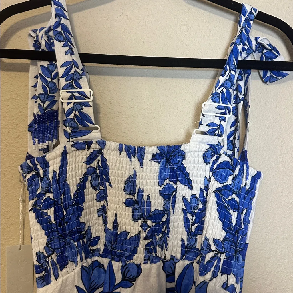 CALYPSO ST. BARTH Linen Blend Beaded Strap Placed Print Midi Dress Womens XS NWT - Image 10