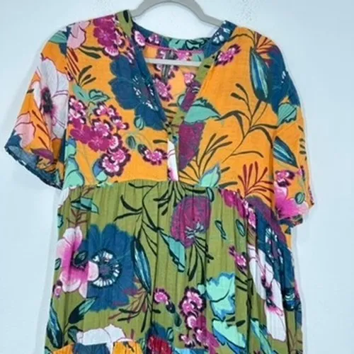 Anthropologie Tiered Midi Dress Floral Print Orange Green Blue Boho Gauzy Resort - Image 4