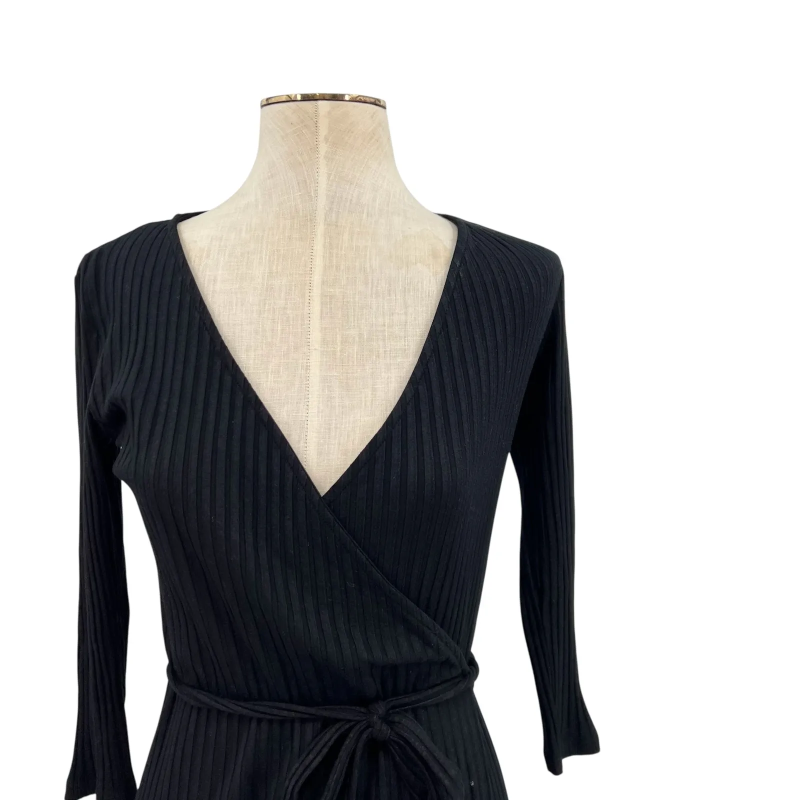 Amour Vert Paris Wrap‎ Dress Ribbed 3/4 Sleeve Modal Stretch Black Size XS - Image 3