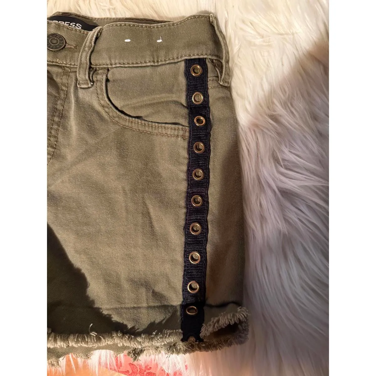 Express Olive Green Women's Khaki Shorts with Eyelet Detail - Image 2