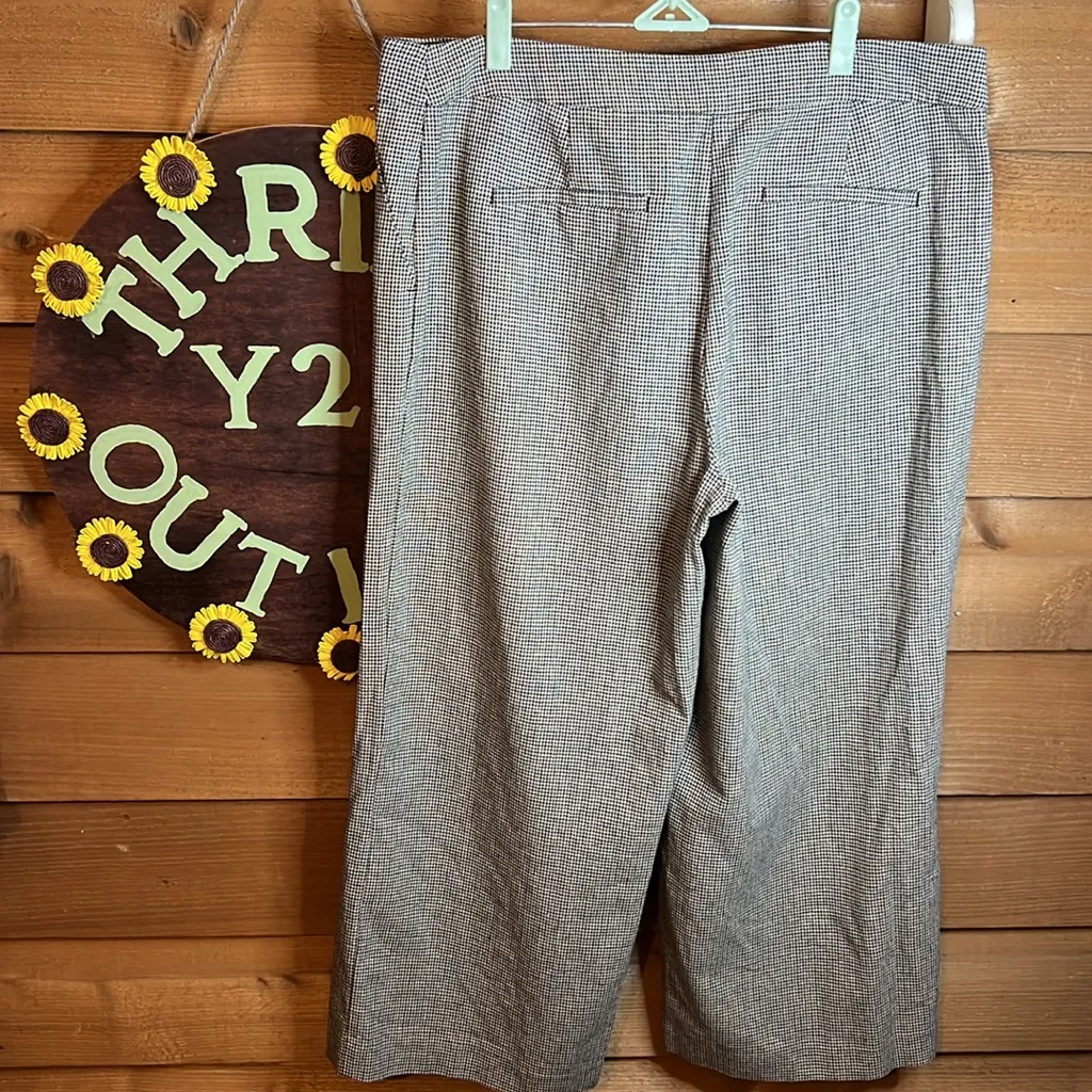 Loft Linen Cotton Wide Leg High Rise Crop Trouser Pant Houndstooth Pocket Black - Image 5