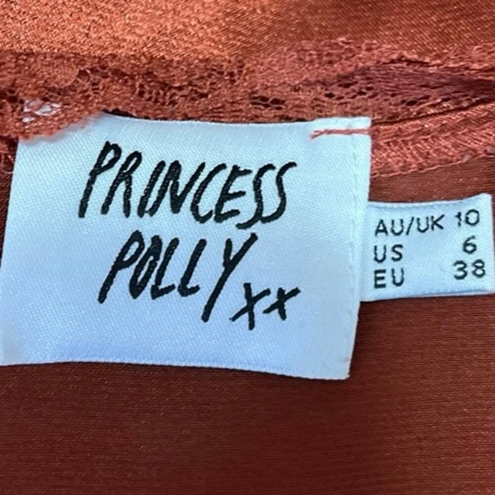 Princess Polly Brown Silk Satin Vintage Short Sleeve Tie Up Cropped Top Size 6 - Image 3