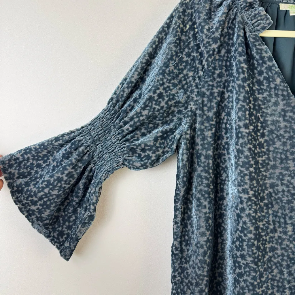 Jade Melody Tam Burnout Floral Romantic Blouse Top Velvet Small Bell Sleeves Blue - Image 2