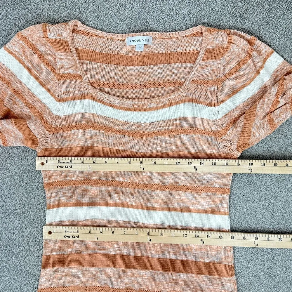 Amour Vert Vivienne Striped Sweater Dress Tan White Large Puff Sleeve Cotton - Image 13