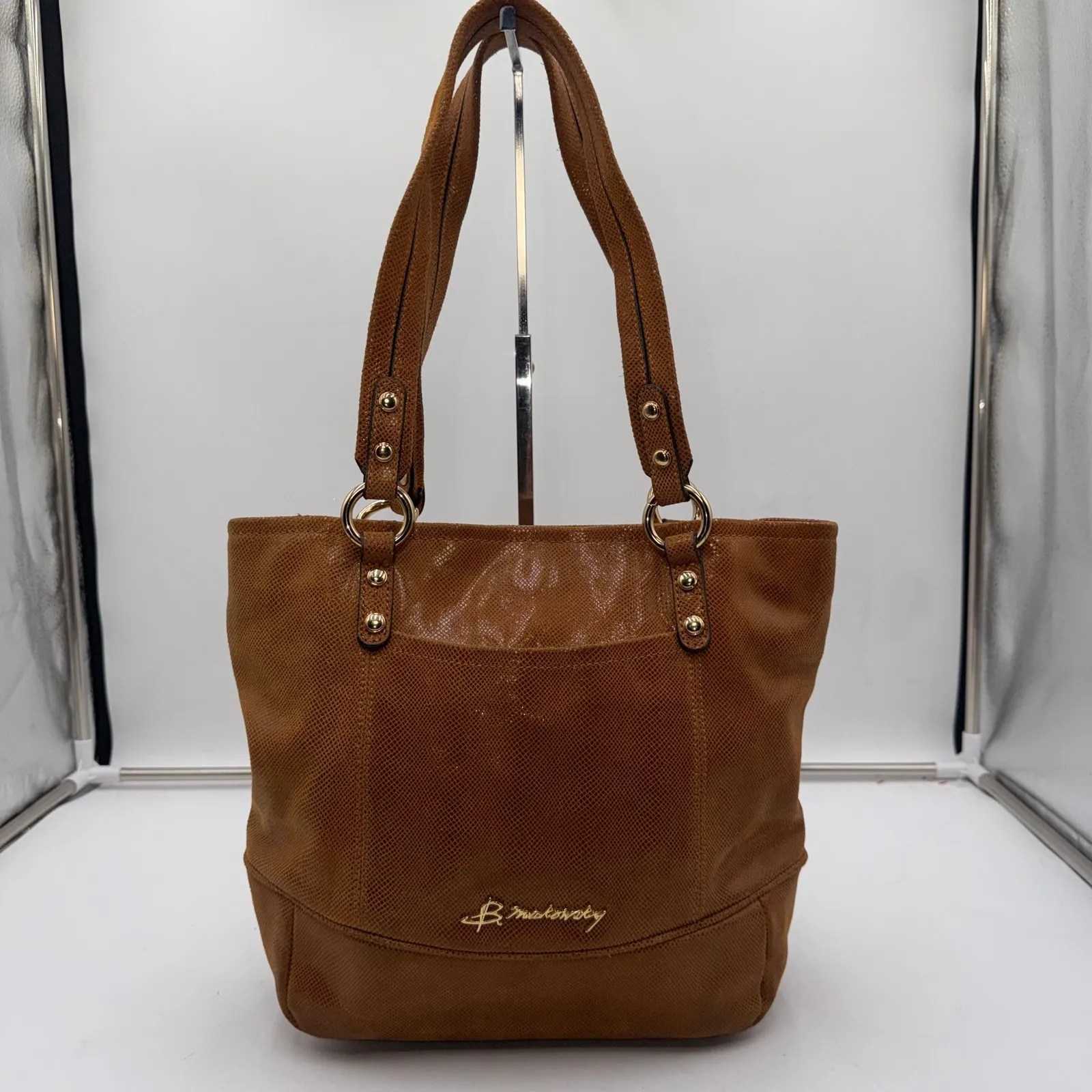 B Makowsky Brown Textured Leather Tote Bag Gold Hardware - Image 3