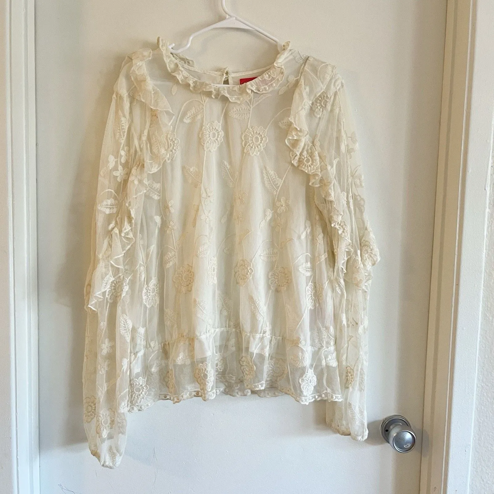 Catherine Malandrino Ivory Foral Mesh Ruffle Blouse Long Sleeve Peasant Sz XL - Image 2