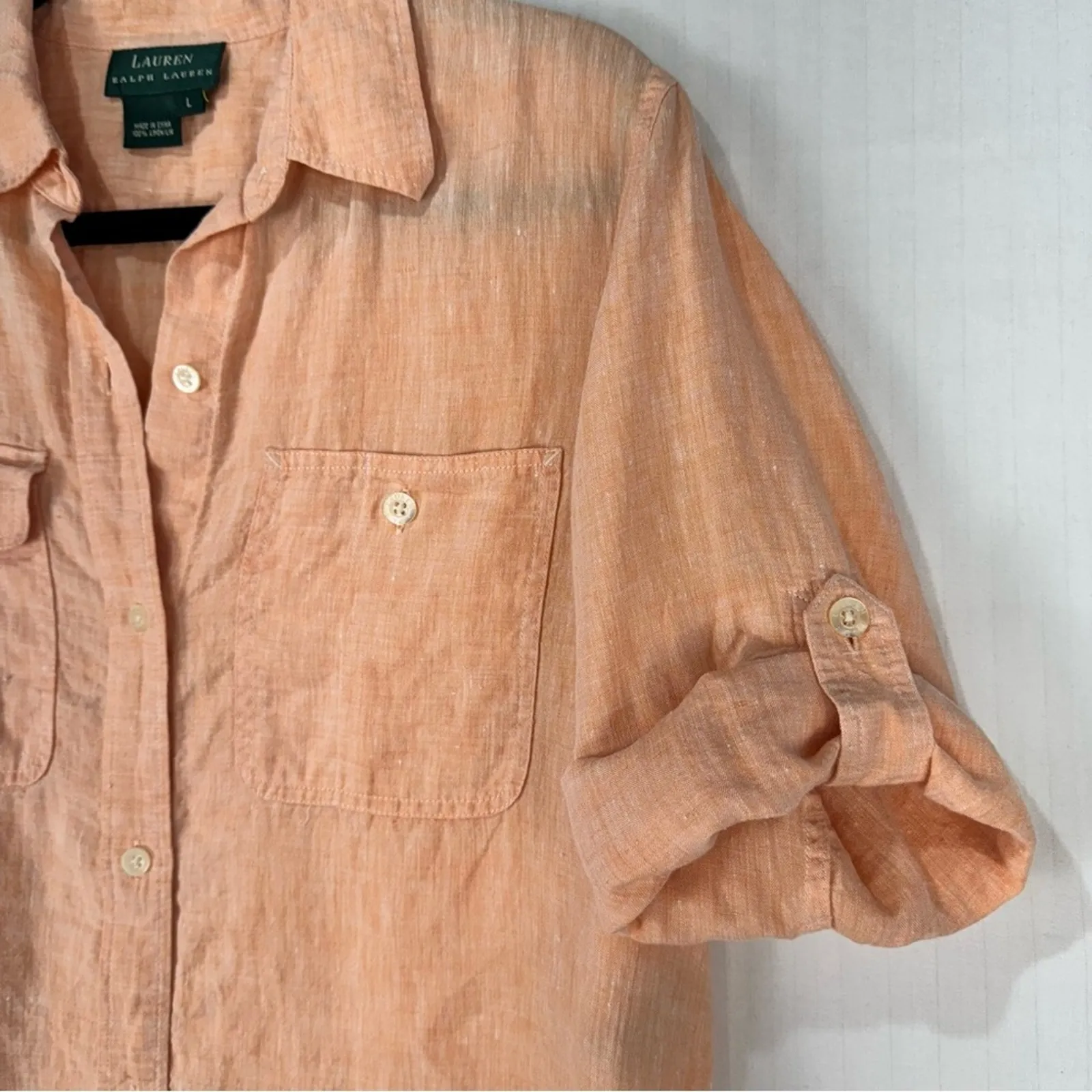 Ralph Lauren Orange %100 Linen Button-Up Shirt 3/4 Sleeve Size Large Relaxed Fit - Image 4