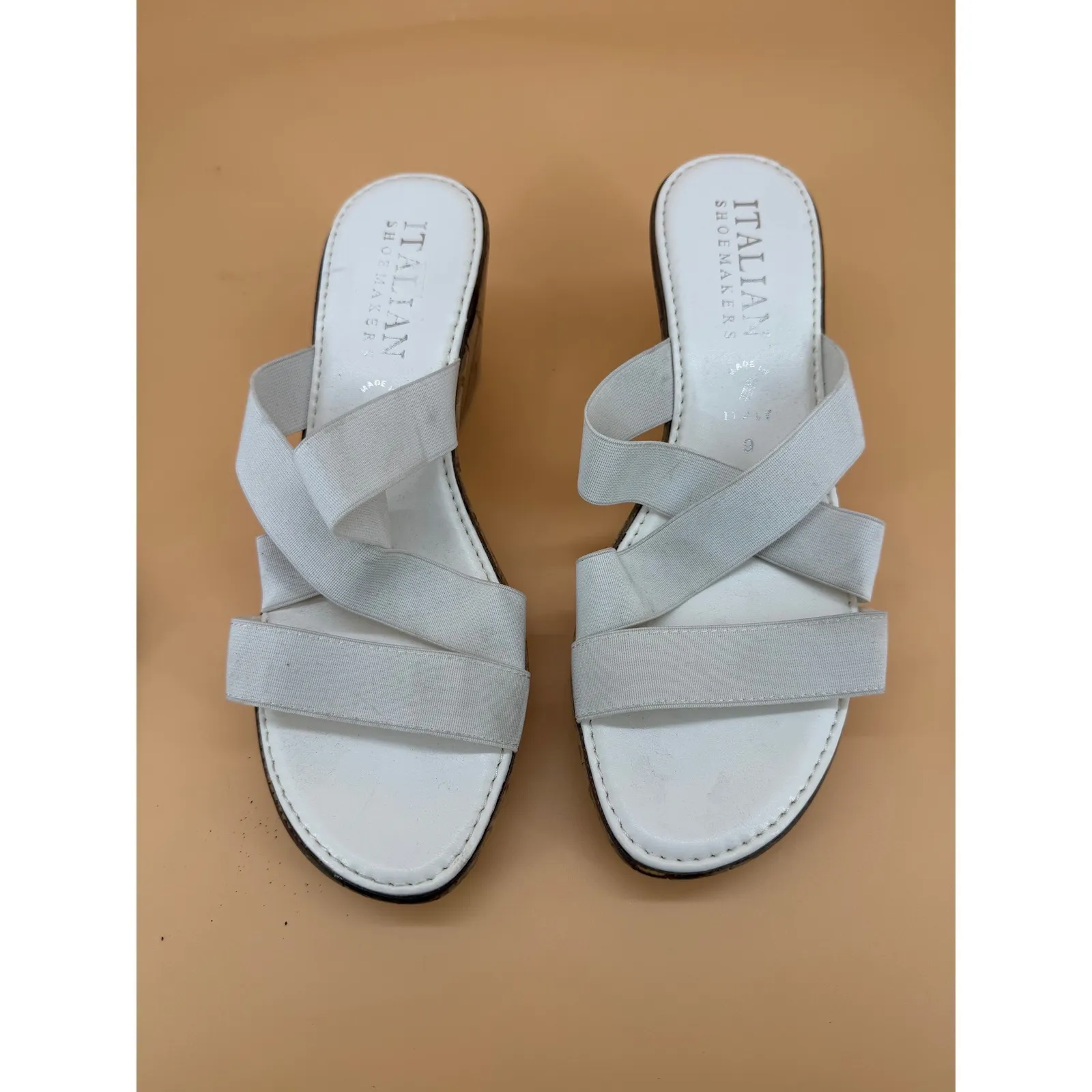 Italian Shoemaker Women 9 White Elastic Cross Strap Open Toe Wedge Sandals - Image 3