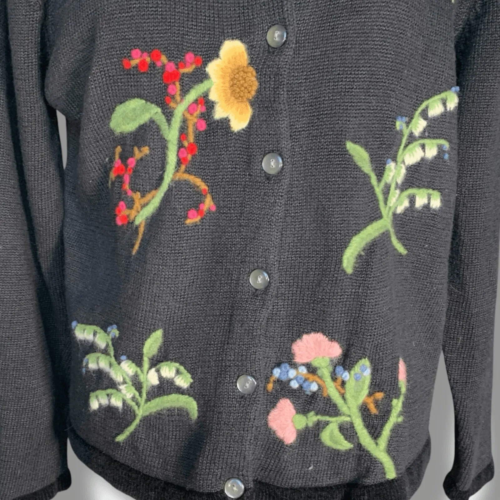Vintage Susan Bristol Hand Embroidered Dark Floral Knit Cardigan Black Large - Image 4