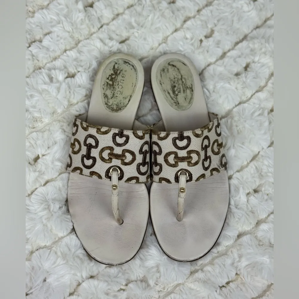 Gucci Horsebit Cream and Brown Sandals with Ornate Design Size 7 - Image 2