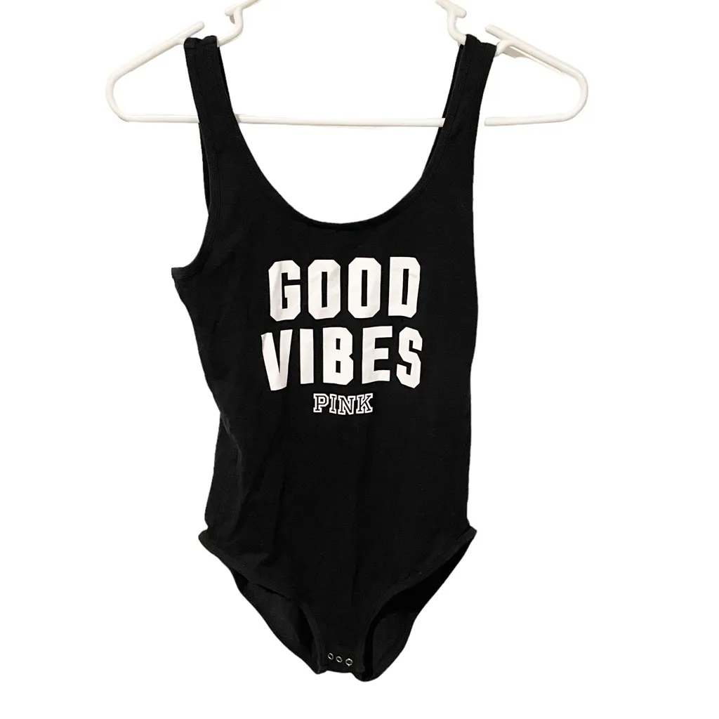 Victoria’s Secret PINK Size XS GOOD‎ VIBES Black Bodysuit One Piece Snap Closure - Image 2