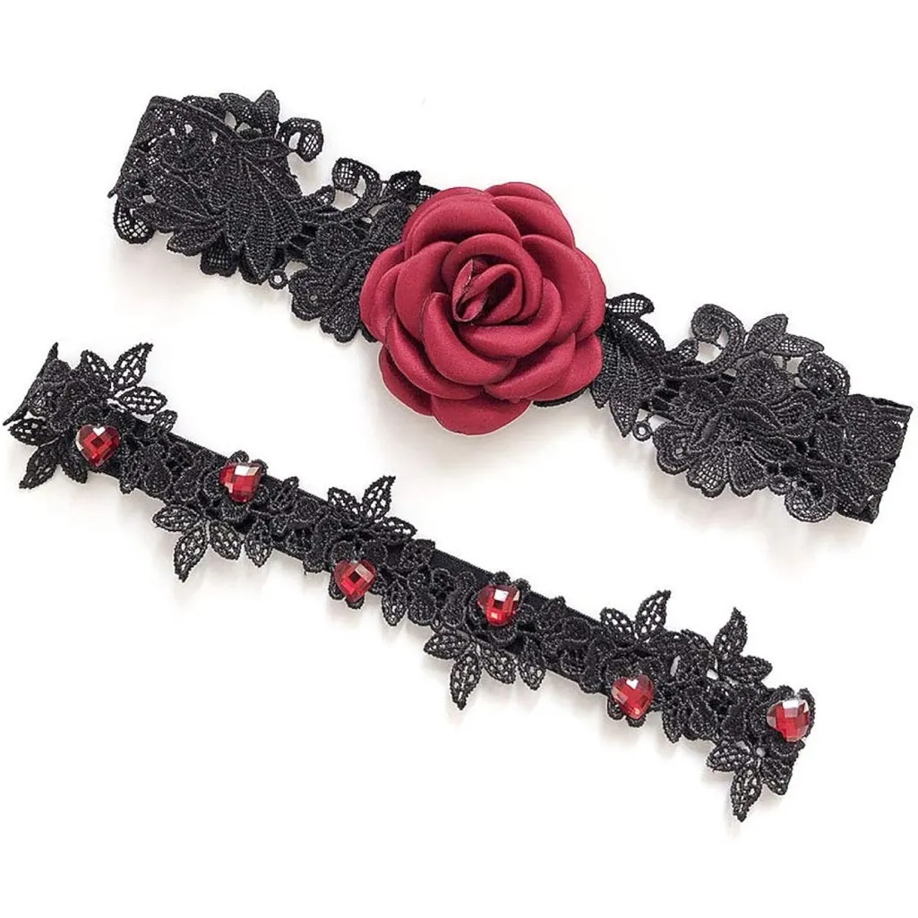 Elegant Black Lace Garter with Red Rose Accent - Image 2