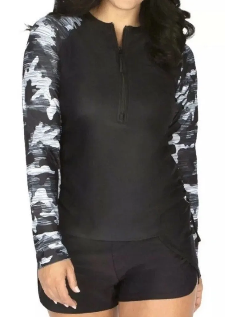 Free Country Top Womens S 4/6 Gray Black Camo Arms Drawstrings 1/4 Zip Pullover - Image 1