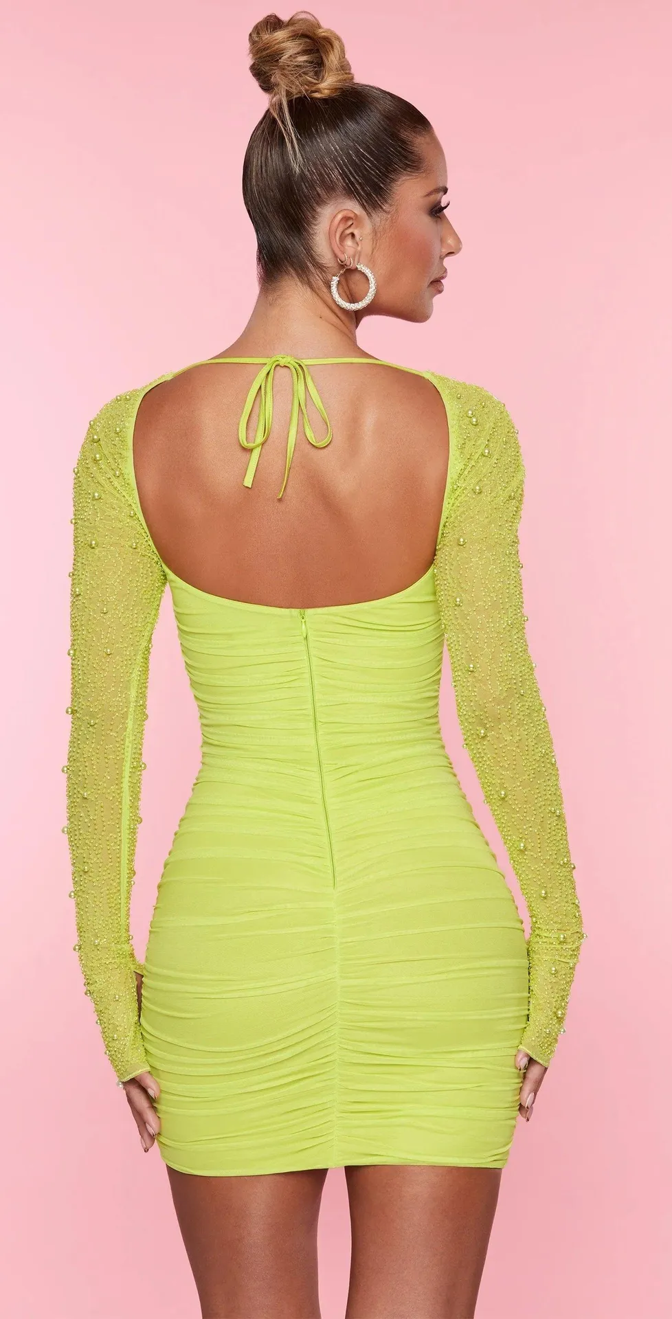 Oh Polly ST. GERMAIN Embellished Long Sleeve Mini Dress in Lime - Image 4