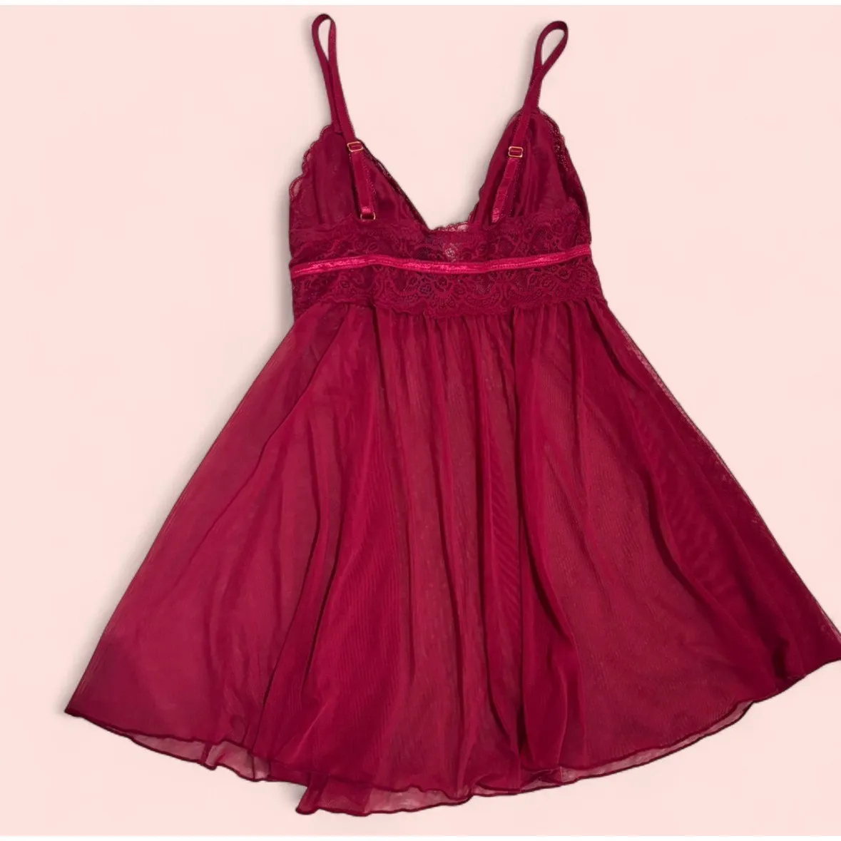 RACHEL ROY Burgundy Lace Trim Mesh Babydoll Chemise Lingerie Sheer Womens Medium Red - Image 2