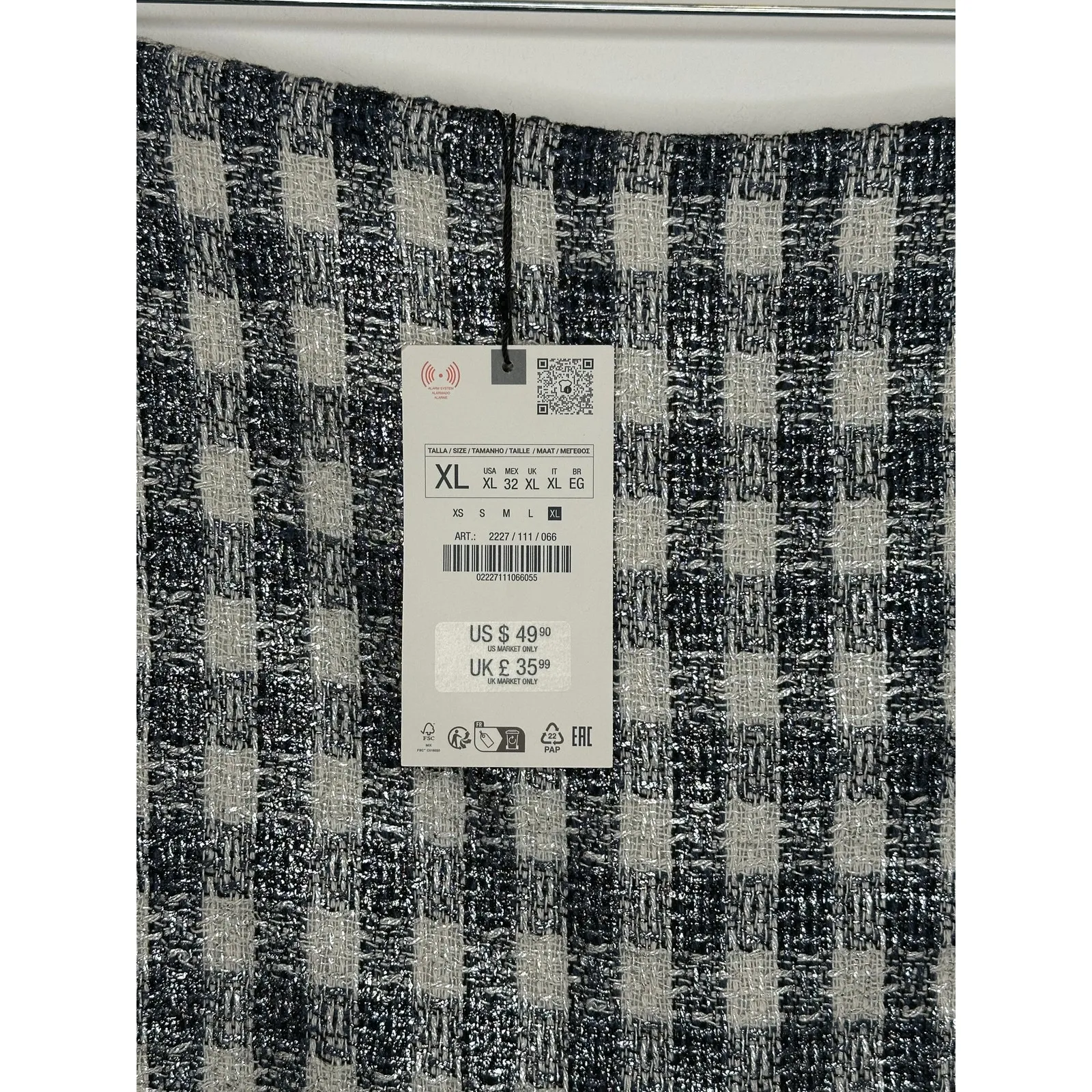 Zara woven tweed like metallic blue white checkered skort size XL new with tags - Image 6