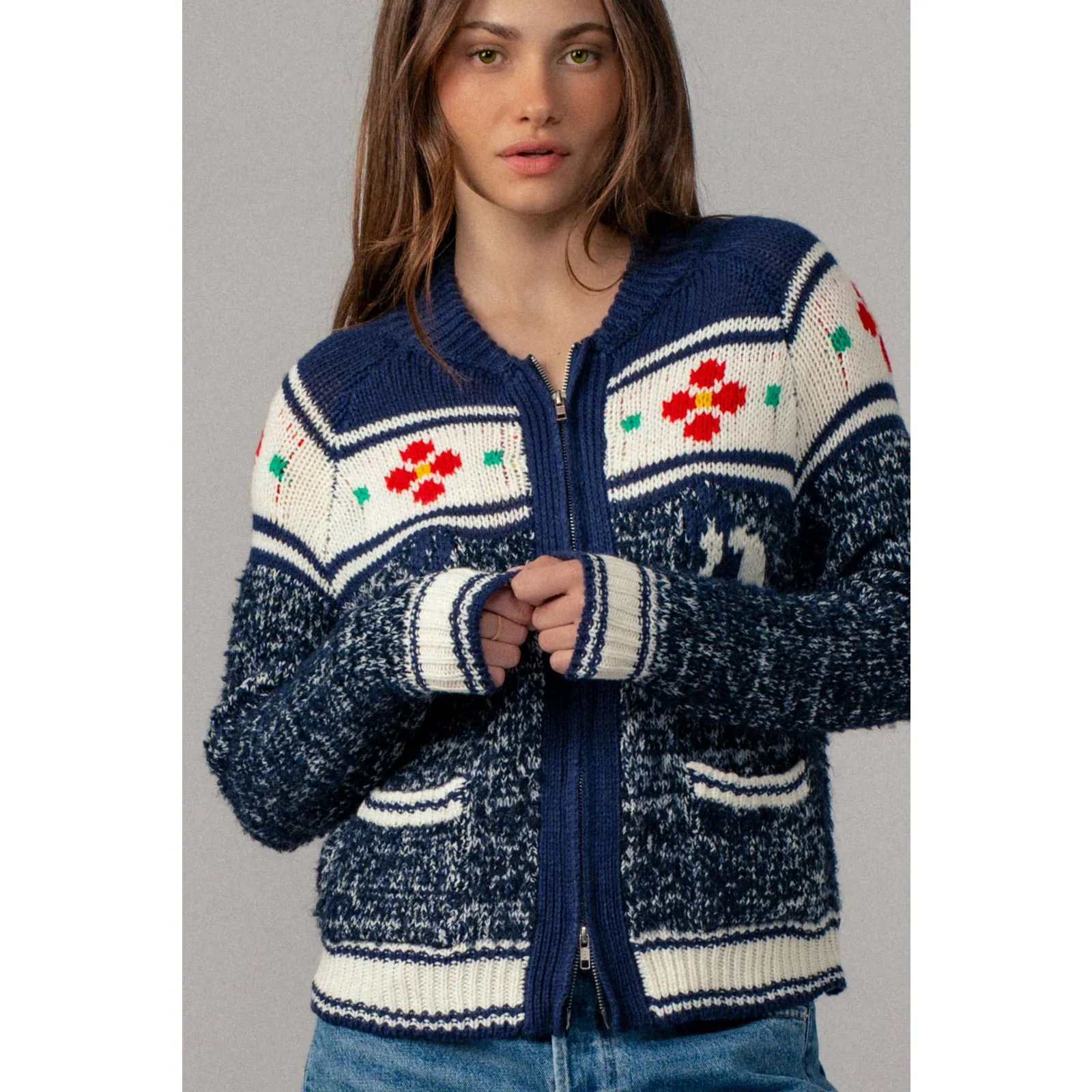 Urban Daizy Floral Yoke Zip-Up Knit Cardigan - Image 3