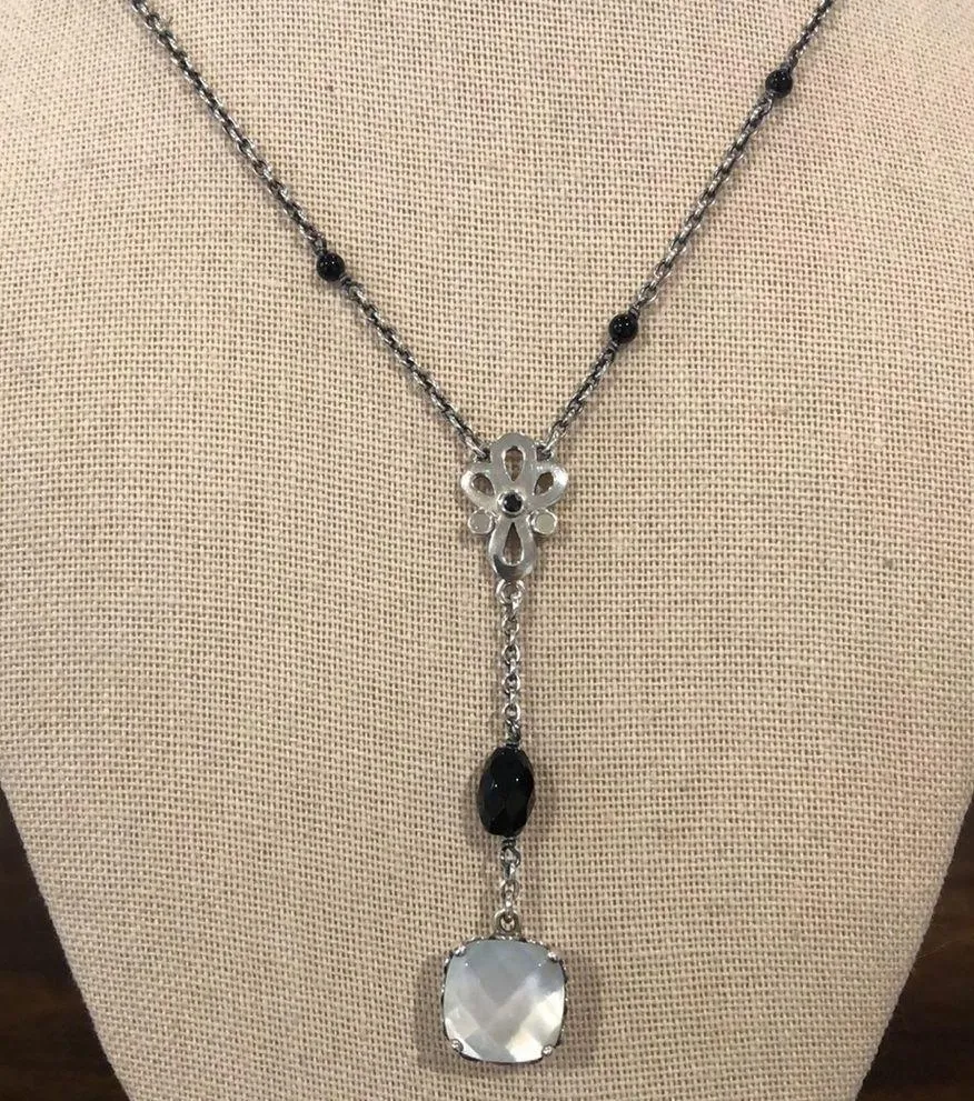 PANDORA Sincerity Sterling Silver Y Drop Mother of Pearl Onyx Station Necklace - Image 2