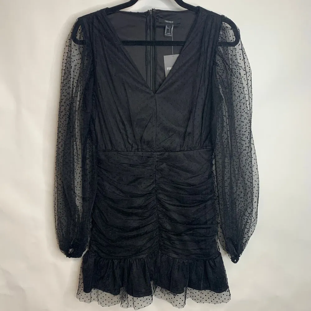 Black Shirred Swiss Dot Dress Sheer Long Sleeve Sz Large - Image 4