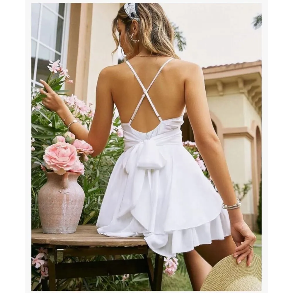NEW White Crisscross Open Back Mini Dress S - Image 4