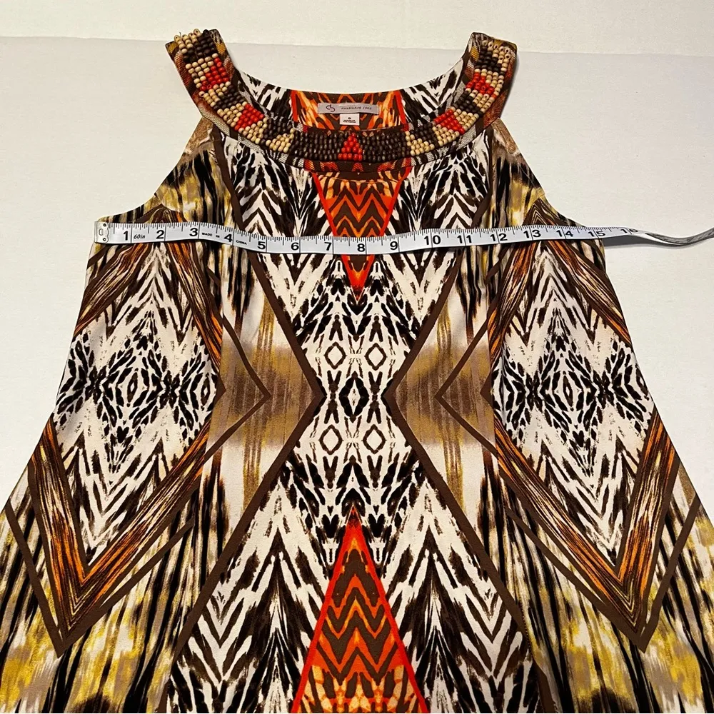 Dress Barn Women SZ 8 Brown Orange Dress Tribal Aztec Sleeveless Beaded Neckline - Image 10