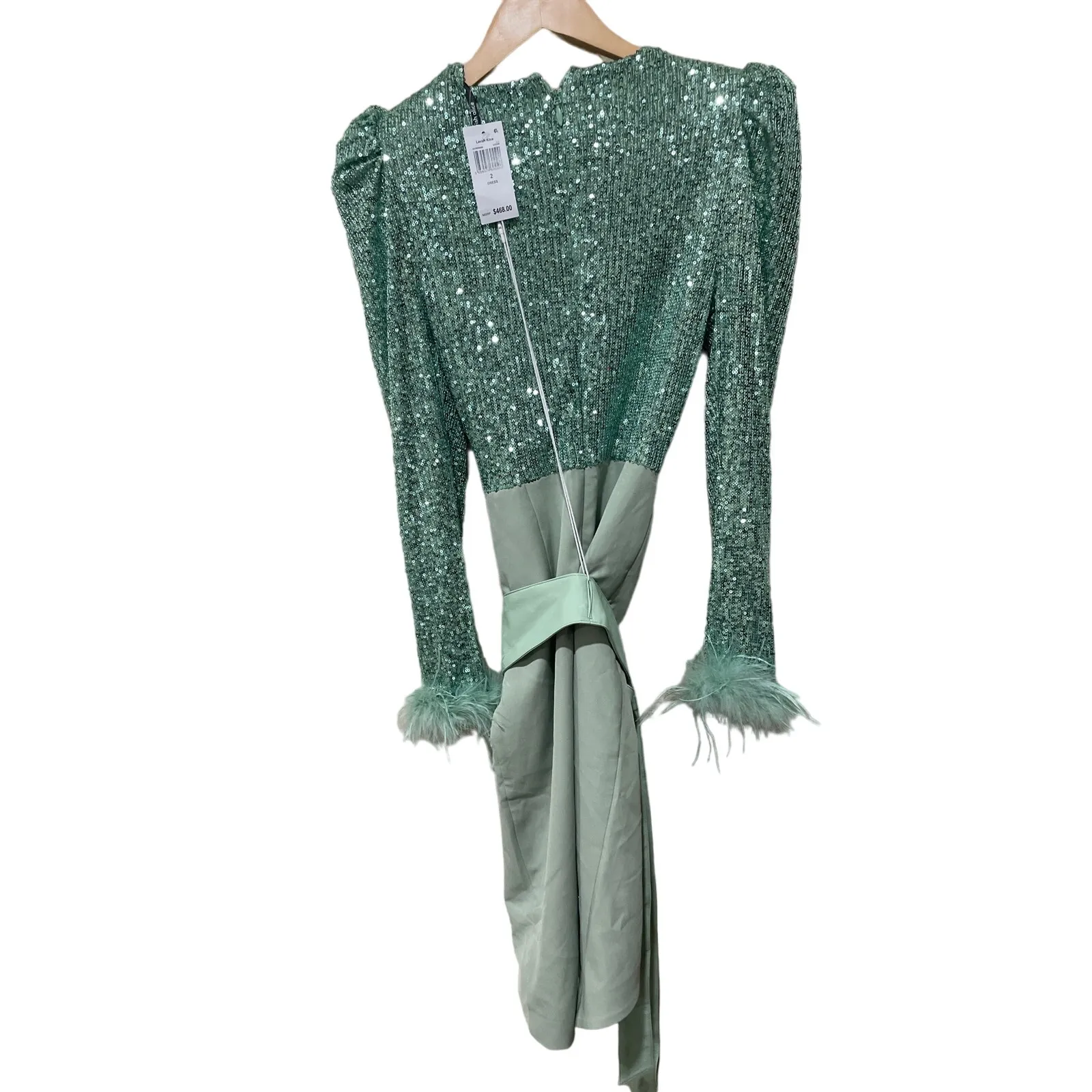 LAVISH ALICE‎ SEQUIN FEATHER EMBELLISHED MIDI DRESS SAGE Size 2 - Image 8